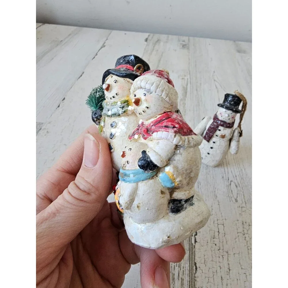 Crackle snowman jointed family ornament‎ Xmas set tree